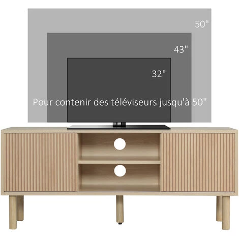 HOMCOM Meuble TV Banc TV Design Urban Craft - 2 Portes Coulissantes, 2 Niches - Piètement Cylindrique - Panneaux Particules Aspect Bois Clair - Beige 7 HOMCOM Meuble TV Banc TV Design Urban Craft - 2 Portes Coulissantes, 2 Niches - Piètement Cylindrique - Panneaux Particules Aspect Bois Clair - Beige – Image 5