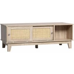 HOMCOM Table Basse Style Bohème Chic - 4 Portes Coulissantes, 2 Niches - Cannage En Rotin Panneaux Aspect Chêne Clair - Beige
