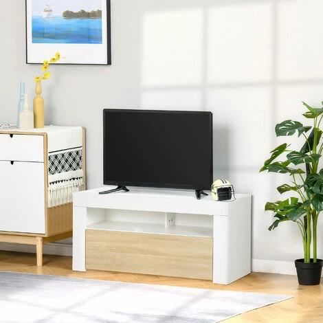 HOMCOM Meuble TV Banc TV Style Contemporain Porte Abattante 2 Niches Panneaux Particules Bicolore Aspect Bois Chêne Clair Blanc - Blanc 4 HOMCOM Meuble TV Banc TV Style Contemporain Porte Abattante 2 Niches Panneaux Particules Bicolore Aspect Bois Chêne Clair Blanc - Blanc – Image 2