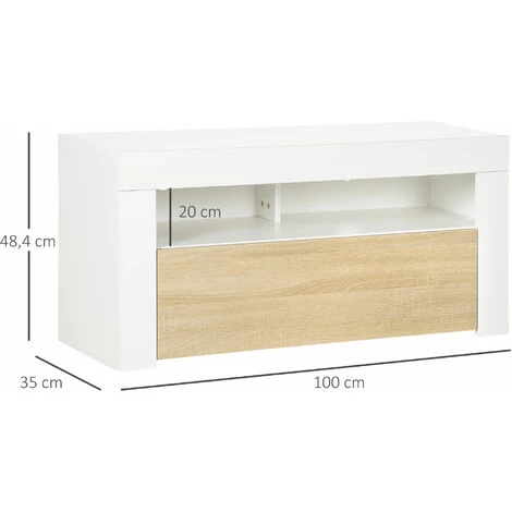 HOMCOM Meuble TV Banc TV Style Contemporain Porte Abattante 2 Niches Panneaux Particules Bicolore Aspect Bois Chêne Clair Blanc - Blanc 5 HOMCOM Meuble TV Banc TV Style Contemporain Porte Abattante 2 Niches Panneaux Particules Bicolore Aspect Bois Chêne Clair Blanc - Blanc – Image 3