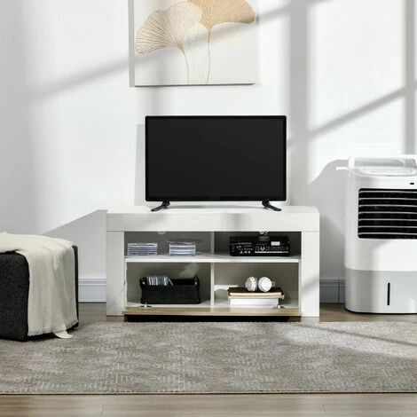 HOMCOM Meuble TV Banc TV Style Contemporain Porte Abattante 2 Niches Panneaux Particules Bicolore Aspect Bois Chêne Clair Blanc - Blanc 6 HOMCOM Meuble TV Banc TV Style Contemporain Porte Abattante 2 Niches Panneaux Particules Bicolore Aspect Bois Chêne Clair Blanc - Blanc – Image 4