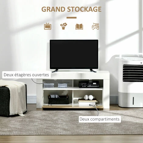 HOMCOM Meuble TV Banc TV Style Contemporain Porte Abattante 2 Niches Panneaux Particules Bicolore Aspect Bois Chêne Clair Blanc - Blanc 7 HOMCOM Meuble TV Banc TV Style Contemporain Porte Abattante 2 Niches Panneaux Particules Bicolore Aspect Bois Chêne Clair Blanc - Blanc – Image 5