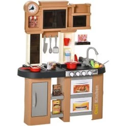 HOMCOM Cuisine Pour Enfant - Dinette - Jeu D'imitation Complet 58 Accessoires Variés - Fonctions Sonores, Simulation écoulement Eau - PP PE Marron - Marron