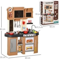 HOMCOM Cuisine Pour Enfant - Dinette - Jeu D'imitation Complet 58 Accessoires Variés - Fonctions Sonores, Simulation écoulement Eau - PP PE Marron - Marron -France HOMCOM Soldes 2022 71759942 3