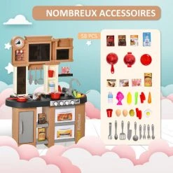 HOMCOM Cuisine Pour Enfant - Dinette - Jeu D'imitation Complet 58 Accessoires Variés - Fonctions Sonores, Simulation écoulement Eau - PP PE Marron - Marron -France HOMCOM Soldes 2022 71759942 4