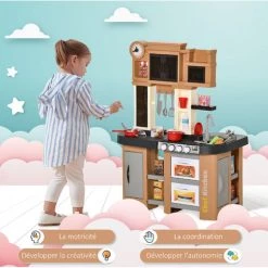 HOMCOM Cuisine Pour Enfant - Dinette - Jeu D'imitation Complet 58 Accessoires Variés - Fonctions Sonores, Simulation écoulement Eau - PP PE Marron - Marron -France HOMCOM Soldes 2022 71759942 5
