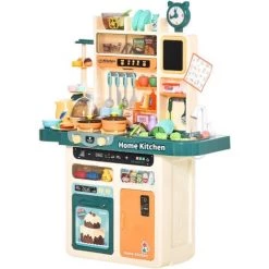 HOMCOM Cuisine Pour Enfant - Dinette - Jeu D'imitation Complet 113 Accessoires Variés - Fonctions Sonores Et Lumineuses - PP ABS Beige Turquoise - Beige