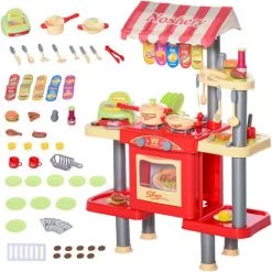 HOMCOM Cuisine Pour Enfant Jeu D'imitation De La Marchande 2 En 1 - 50 Accessoires Inclus Effets Sonores Rouge - Rouge