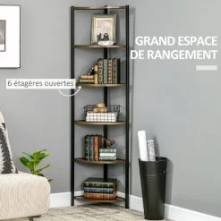 HOMCOM Étagère Bibliothèque D'angle Style Industriel 6 étagères Dim. 34L X 34l X 166H Cm Métal Noir MDF Aspect Bois - Marron -France HOMCOM Soldes 2022 71759945 4