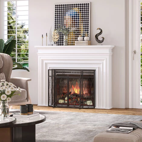 HOMCOM Pare-feu Large Pour Cheminée Ou Poêle - Pare-étincelles - 3 Volets Pliables Et Portes - Métal Noir - Noir 4 HOMCOM Pare-feu Large Pour Cheminée Ou Poêle - Pare-étincelles - 3 Volets Pliables Et Portes - Métal Noir - Noir – Image 2