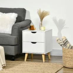 HOMCOM Chevet Table De Nuit Design Scandinave 2 Tiroirs Piètement Bois Pin Panneaux Particules Blanc - Blanc -France HOMCOM Soldes 2022 72276181 4