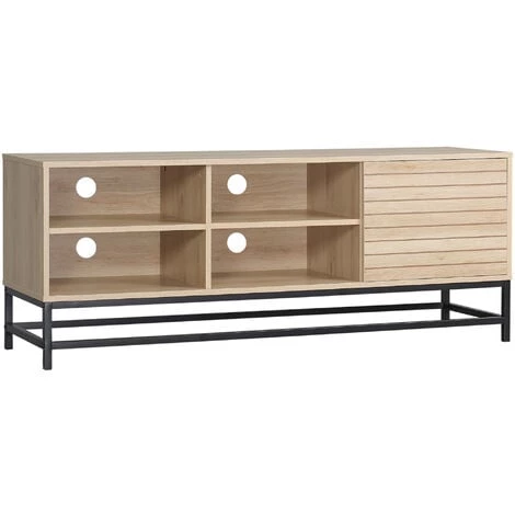 HOMCOM Meuble TV Banc TV Design Urban Craft - Porte, étagère, 4 Niches - Piètement Acier Noir - MDF Aspect Bois Clair - Beige 3 HOMCOM Meuble TV Banc TV Design Urban Craft - Porte, étagère, 4 Niches - Piètement Acier Noir - MDF Aspect Bois Clair - Beige