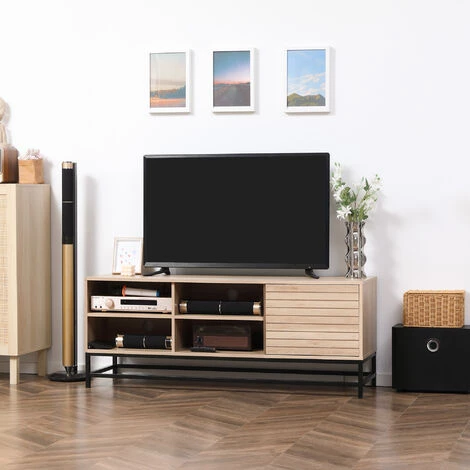 HOMCOM Meuble TV Banc TV Design Urban Craft - Porte, étagère, 4 Niches - Piètement Acier Noir - MDF Aspect Bois Clair - Beige 4 HOMCOM Meuble TV Banc TV Design Urban Craft - Porte, étagère, 4 Niches - Piètement Acier Noir - MDF Aspect Bois Clair - Beige – Image 2