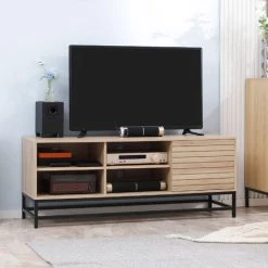 HOMCOM Meuble TV Banc TV Design Urban Craft - Porte, étagère, 4 Niches - Piètement Acier Noir - MDF Aspect Bois Clair - Beige 10 HOMCOM Meuble TV Banc TV Design Urban Craft - Porte, étagère, 4 Niches - Piètement Acier Noir - MDF Aspect Bois Clair - Beige -France HOMCOM Soldes 2022 72276184 4