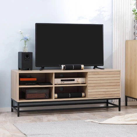 HOMCOM Meuble TV Banc TV Design Urban Craft - Porte, étagère, 4 Niches - Piètement Acier Noir - MDF Aspect Bois Clair - Beige 6 HOMCOM Meuble TV Banc TV Design Urban Craft - Porte, étagère, 4 Niches - Piètement Acier Noir - MDF Aspect Bois Clair - Beige – Image 4