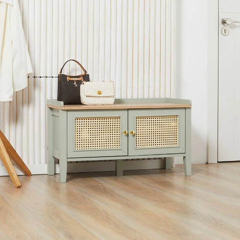 HOMCOM Meuble Chaussures Banc à Chaussures 2 En 1 Style Bohème Chic 2 Portes étagère Réglable - MDF Vert D'eau Aspect Chêne Clair Rotin - Vert 4 HOMCOM Meuble Chaussures Banc à Chaussures 2 En 1 Style Bohème Chic 2 Portes étagère Réglable - MDF Vert D'eau Aspect Chêne Clair Rotin - Vert – Image 2