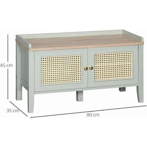 HOMCOM Meuble Chaussures Banc à Chaussures 2 En 1 Style Bohème Chic 2 Portes étagère Réglable - MDF Vert D'eau Aspect Chêne Clair Rotin - Vert 5 HOMCOM Meuble Chaussures Banc à Chaussures 2 En 1 Style Bohème Chic 2 Portes étagère Réglable - MDF Vert D'eau Aspect Chêne Clair Rotin - Vert – Image 3