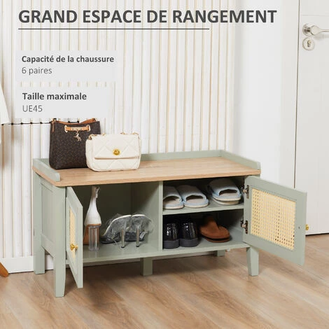 HOMCOM Meuble Chaussures Banc à Chaussures 2 En 1 Style Bohème Chic 2 Portes étagère Réglable - MDF Vert D'eau Aspect Chêne Clair Rotin - Vert 6 HOMCOM Meuble Chaussures Banc à Chaussures 2 En 1 Style Bohème Chic 2 Portes étagère Réglable - MDF Vert D'eau Aspect Chêne Clair Rotin - Vert – Image 4