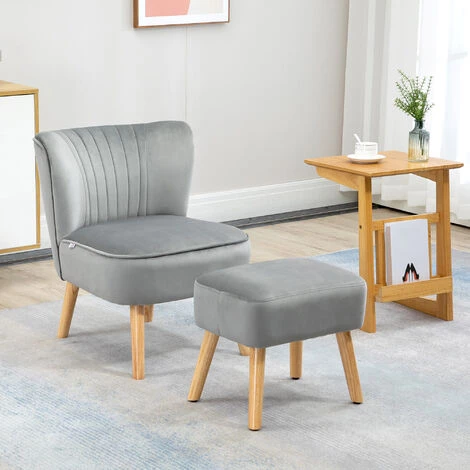 HOMCOM Fauteuil Design Scandinave Dossier Enveloppant Strié - Repose-pied Inclus - Piètement Effilé Incliné Bois Hêtre Tissu Aspect Velours Gris - Gris 4 HOMCOM Fauteuil Design Scandinave Dossier Enveloppant Strié - Repose-pied Inclus - Piètement Effilé Incliné Bois Hêtre Tissu Aspect Velours Gris - Gris – Image 2