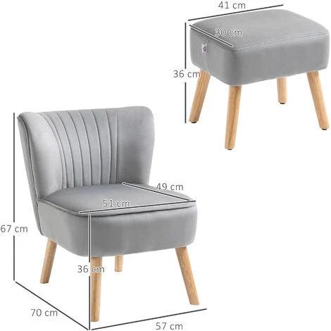 HOMCOM Fauteuil Design Scandinave Dossier Enveloppant Strié - Repose-pied Inclus - Piètement Effilé Incliné Bois Hêtre Tissu Aspect Velours Gris - Gris 5 HOMCOM Fauteuil Design Scandinave Dossier Enveloppant Strié - Repose-pied Inclus - Piètement Effilé Incliné Bois Hêtre Tissu Aspect Velours Gris - Gris – Image 3
