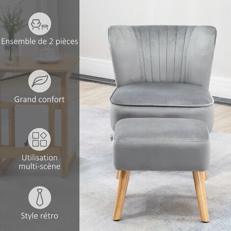 HOMCOM Fauteuil Design Scandinave Dossier Enveloppant Strié - Repose-pied Inclus - Piètement Effilé Incliné Bois Hêtre Tissu Aspect Velours Gris - Gris 7 HOMCOM Fauteuil Design Scandinave Dossier Enveloppant Strié - Repose-pied Inclus - Piètement Effilé Incliné Bois Hêtre Tissu Aspect Velours Gris - Gris – Image 5