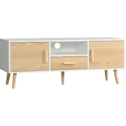HOMCOM Meuble TV Bas Sur Pied Style Scandinave 2 Portes Niche Tiroir Piètement Effilé Incliné Bois Panneaux Blanc Aspect Bois Clair - Beige