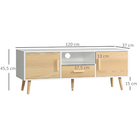HOMCOM Meuble TV Bas Sur Pied Style Scandinave 2 Portes Niche Tiroir Piètement Effilé Incliné Bois Panneaux Blanc Aspect Bois Clair - Beige 5 HOMCOM Meuble TV Bas Sur Pied Style Scandinave 2 Portes Niche Tiroir Piètement Effilé Incliné Bois Panneaux Blanc Aspect Bois Clair - Beige – Image 3