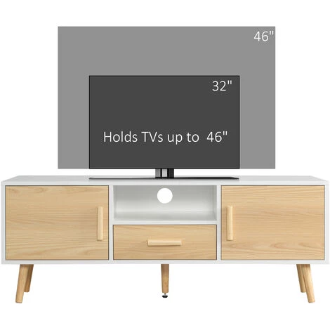 HOMCOM Meuble TV Bas Sur Pied Style Scandinave 2 Portes Niche Tiroir Piètement Effilé Incliné Bois Panneaux Blanc Aspect Bois Clair - Beige 6 HOMCOM Meuble TV Bas Sur Pied Style Scandinave 2 Portes Niche Tiroir Piètement Effilé Incliné Bois Panneaux Blanc Aspect Bois Clair - Beige – Image 4