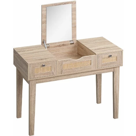 HOMCOM Coiffeuse Style Bohème Chic - Table De Maquillage - 2 Tiroirs, Compartiment Porte Miroir - Cannage En Rotin Panneaux Aspect Chêne Clair - Beige 3 HOMCOM Coiffeuse Style Bohème Chic - Table De Maquillage - 2 Tiroirs, Compartiment Porte Miroir - Cannage En Rotin Panneaux Aspect Chêne Clair - Beige