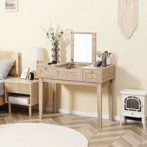 HOMCOM Coiffeuse Style Bohème Chic - Table De Maquillage - 2 Tiroirs, Compartiment Porte Miroir - Cannage En Rotin Panneaux Aspect Chêne Clair - Beige 4 HOMCOM Coiffeuse Style Bohème Chic - Table De Maquillage - 2 Tiroirs, Compartiment Porte Miroir - Cannage En Rotin Panneaux Aspect Chêne Clair - Beige – Image 2