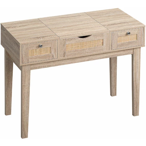 HOMCOM Coiffeuse Style Bohème Chic - Table De Maquillage - 2 Tiroirs, Compartiment Porte Miroir - Cannage En Rotin Panneaux Aspect Chêne Clair - Beige 6 HOMCOM Coiffeuse Style Bohème Chic - Table De Maquillage - 2 Tiroirs, Compartiment Porte Miroir - Cannage En Rotin Panneaux Aspect Chêne Clair - Beige – Image 4