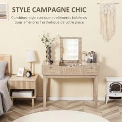 HOMCOM Coiffeuse Style Bohème Chic - Table De Maquillage - 2 Tiroirs, Compartiment Porte Miroir - Cannage En Rotin Panneaux Aspect Chêne Clair - Beige 11 HOMCOM Coiffeuse Style Bohème Chic - Table De Maquillage - 2 Tiroirs, Compartiment Porte Miroir - Cannage En Rotin Panneaux Aspect Chêne Clair - Beige -France HOMCOM Soldes 2022 72276194 5