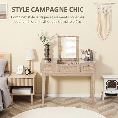 HOMCOM Coiffeuse Style Bohème Chic - Table De Maquillage - 2 Tiroirs, Compartiment Porte Miroir - Cannage En Rotin Panneaux Aspect Chêne Clair - Beige 7 HOMCOM Coiffeuse Style Bohème Chic - Table De Maquillage - 2 Tiroirs, Compartiment Porte Miroir - Cannage En Rotin Panneaux Aspect Chêne Clair - Beige – Image 5