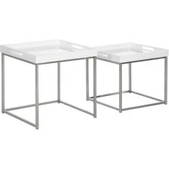 HOMCOM Lot De 2 Tables Basses Carrées Gigognes Style Contemporain - Plateau 2 Poignées MDF Blanc Laqué Châssis Piètement Acier Chromé - Blanc