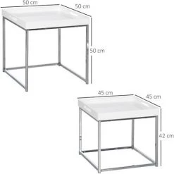 HOMCOM Lot De 2 Tables Basses Carrées Gigognes Style Contemporain - Plateau 2 Poignées MDF Blanc Laqué Châssis Piètement Acier Chromé - Blanc -France HOMCOM Soldes 2022 72276195 3