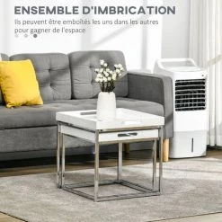 HOMCOM Lot De 2 Tables Basses Carrées Gigognes Style Contemporain - Plateau 2 Poignées MDF Blanc Laqué Châssis Piètement Acier Chromé - Blanc -France HOMCOM Soldes 2022 72276195 5