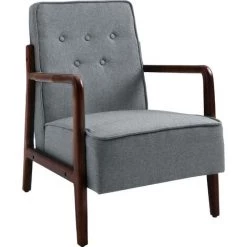 HOMCOM Fauteuil Lounge Style Néo-rétro Structure Acier Noir Accoudoirs Bois Hévéa Revêtement Tissu Aspect Lin Gris - Gris