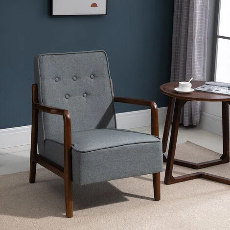 HOMCOM Fauteuil Lounge Style Néo-rétro Structure Acier Noir Accoudoirs Bois Hévéa Revêtement Tissu Aspect Lin Gris - Gris 4 HOMCOM Fauteuil Lounge Style Néo-rétro Structure Acier Noir Accoudoirs Bois Hévéa Revêtement Tissu Aspect Lin Gris - Gris – Image 2