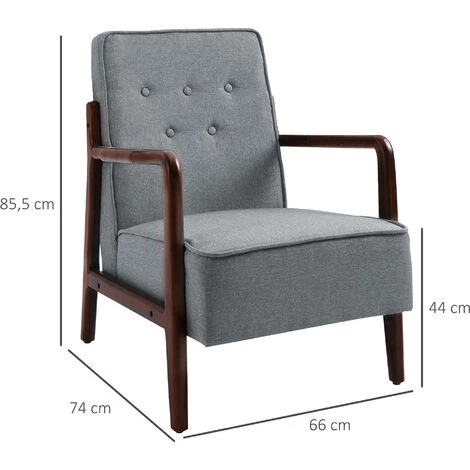 HOMCOM Fauteuil Lounge Style Néo-rétro Structure Acier Noir Accoudoirs Bois Hévéa Revêtement Tissu Aspect Lin Gris - Gris 5 HOMCOM Fauteuil Lounge Style Néo-rétro Structure Acier Noir Accoudoirs Bois Hévéa Revêtement Tissu Aspect Lin Gris - Gris – Image 3