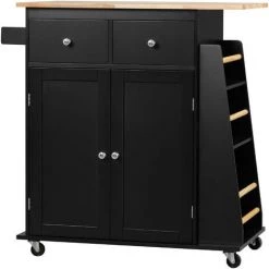 HOMCOM Desserte De Cuisine Multi Rangements 2 Tiroirs Placard 2 Portes Avec étagère 3 Range-bouteilles Porte-torchons MDF Noir Hévéa - Noir