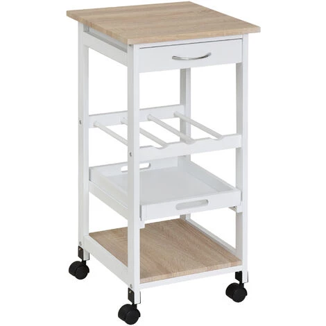 HOMCOM Chariot De Service Desserte De Cuisine à Roulettes 2 étagères + Plateau Amovible + Tiroir Bois De Pin MDF Blanc Chêne Clair 3 HOMCOM Chariot De Service Desserte De Cuisine à Roulettes 2 étagères + Plateau Amovible + Tiroir Bois De Pin MDF Blanc Chêne Clair