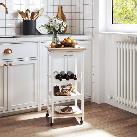 HOMCOM Chariot De Service Desserte De Cuisine à Roulettes 2 étagères + Plateau Amovible + Tiroir Bois De Pin MDF Blanc Chêne Clair 4 HOMCOM Chariot De Service Desserte De Cuisine à Roulettes 2 étagères + Plateau Amovible + Tiroir Bois De Pin MDF Blanc Chêne Clair – Image 2