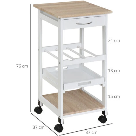 HOMCOM Chariot De Service Desserte De Cuisine à Roulettes 2 étagères + Plateau Amovible + Tiroir Bois De Pin MDF Blanc Chêne Clair 5 HOMCOM Chariot De Service Desserte De Cuisine à Roulettes 2 étagères + Plateau Amovible + Tiroir Bois De Pin MDF Blanc Chêne Clair – Image 3