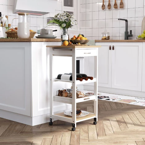 HOMCOM Chariot De Service Desserte De Cuisine à Roulettes 2 étagères + Plateau Amovible + Tiroir Bois De Pin MDF Blanc Chêne Clair 6 HOMCOM Chariot De Service Desserte De Cuisine à Roulettes 2 étagères + Plateau Amovible + Tiroir Bois De Pin MDF Blanc Chêne Clair – Image 4