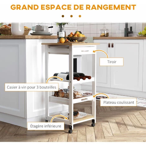 HOMCOM Chariot De Service Desserte De Cuisine à Roulettes 2 étagères + Plateau Amovible + Tiroir Bois De Pin MDF Blanc Chêne Clair 7 HOMCOM Chariot De Service Desserte De Cuisine à Roulettes 2 étagères + Plateau Amovible + Tiroir Bois De Pin MDF Blanc Chêne Clair – Image 5
