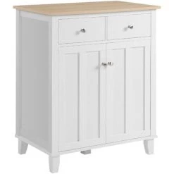 HOMCOM Buffet Multi-rangement 2 Portes Avec étagère 2 Tiroirs Coulissants Panneaux Particules Blanc Aspect Bois Clair - Blanc