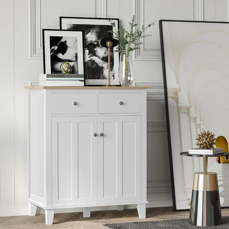 HOMCOM Buffet Multi-rangement 2 Portes Avec étagère 2 Tiroirs Coulissants Panneaux Particules Blanc Aspect Bois Clair - Blanc 4 HOMCOM Buffet Multi-rangement 2 Portes Avec étagère 2 Tiroirs Coulissants Panneaux Particules Blanc Aspect Bois Clair - Blanc – Image 2