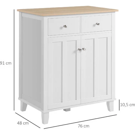 HOMCOM Buffet Multi-rangement 2 Portes Avec étagère 2 Tiroirs Coulissants Panneaux Particules Blanc Aspect Bois Clair - Blanc 5 HOMCOM Buffet Multi-rangement 2 Portes Avec étagère 2 Tiroirs Coulissants Panneaux Particules Blanc Aspect Bois Clair - Blanc – Image 3