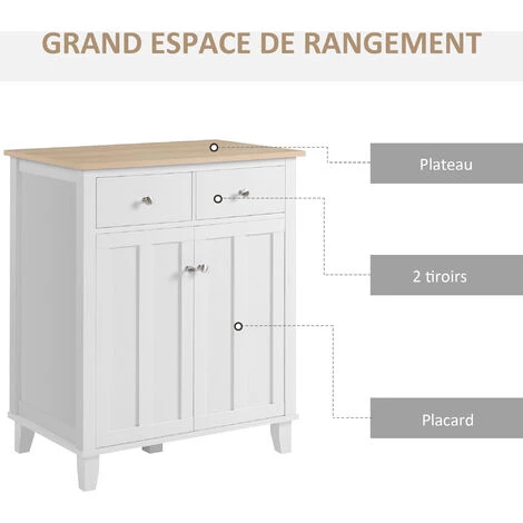 HOMCOM Buffet Multi-rangement 2 Portes Avec étagère 2 Tiroirs Coulissants Panneaux Particules Blanc Aspect Bois Clair - Blanc 7 HOMCOM Buffet Multi-rangement 2 Portes Avec étagère 2 Tiroirs Coulissants Panneaux Particules Blanc Aspect Bois Clair - Blanc – Image 5
