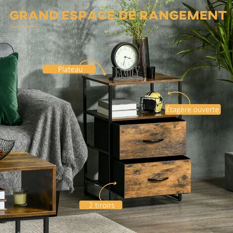 HOMCOM Chiffonnier Design Industriel - 2 Tiroirs, Niche, Plateau - Châssis Acier Noir MDF Aspect Bois Avec Veinage - Marron 7 HOMCOM Chiffonnier Design Industriel - 2 Tiroirs, Niche, Plateau - Châssis Acier Noir MDF Aspect Bois Avec Veinage - Marron – Image 5